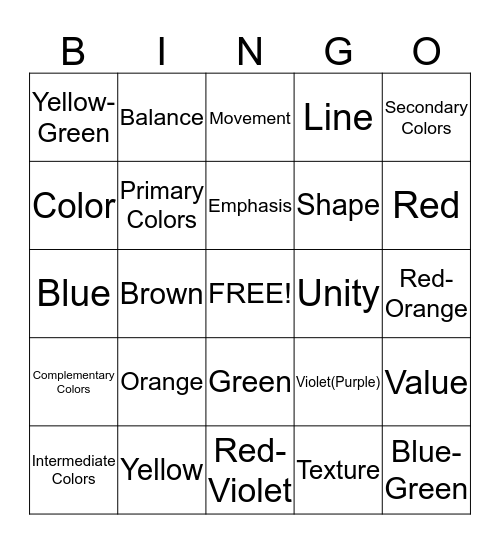 Elements/Principles & Color Bingo Card