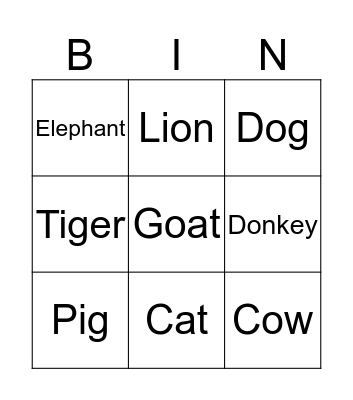 Animals Bingo Card