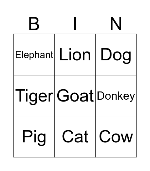 Animals Bingo Card