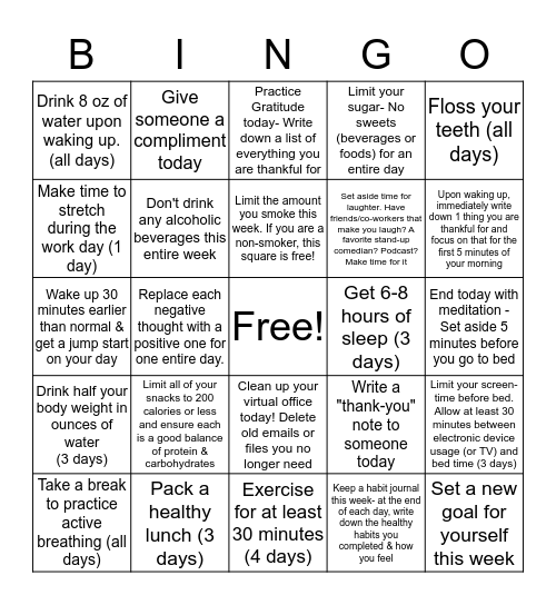 Fall Into Healthy Habits - Week 3 Bingo Card