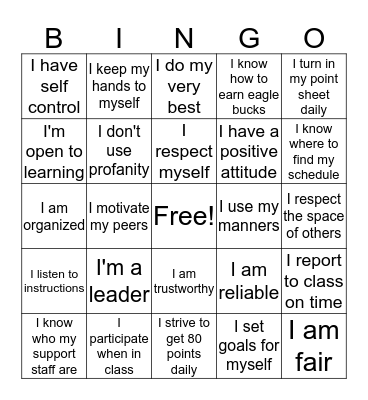 Character Trait Bingo Card