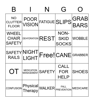 Fall Prevention Bingo Card