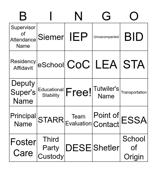 PARENT INFO CENTER Bingo Card