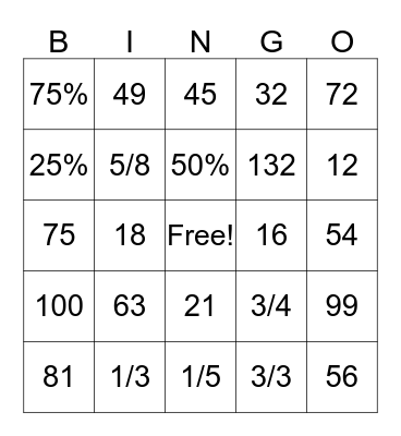 Fractions and whole numbers Bingo Card