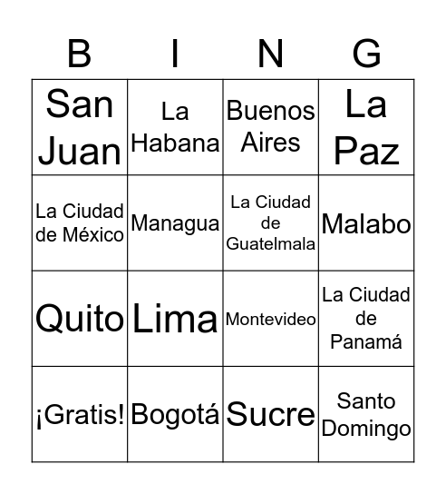 Los Capitales de Los Países Hispanohablantes Bingo Card