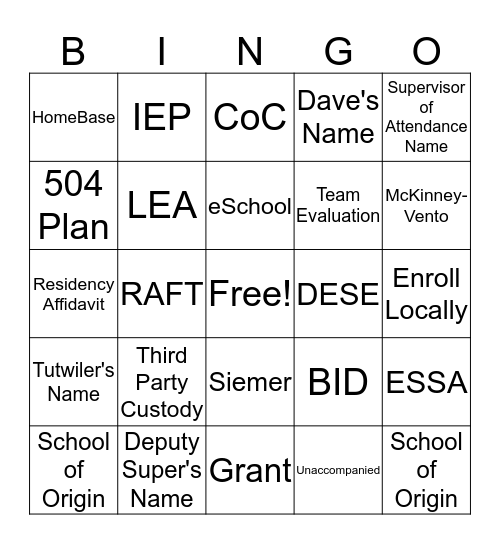 PARENT INFO CENTER Bingo Card