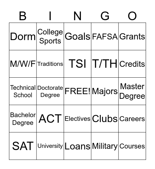 College Glossary BINGO Card