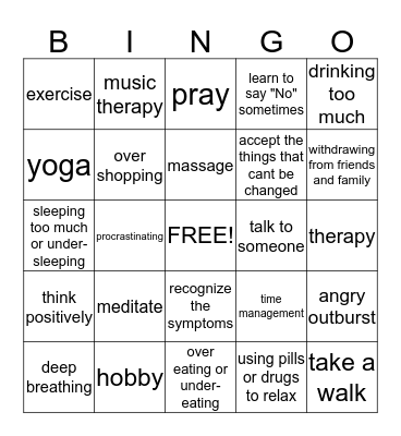 Stress Management Bingo Card