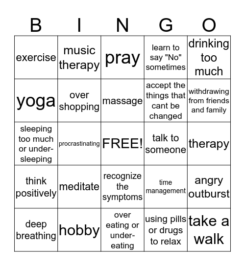 Stress Management Bingo Card