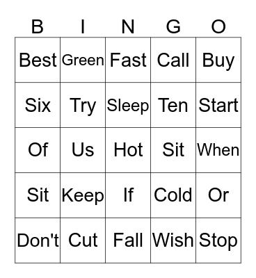 Sight Word Bingo Card