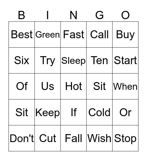 Sight Word Bingo Card