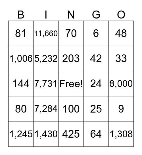 Multiplication Bingo Card