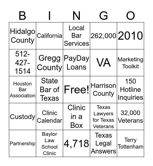 Texas Lawyers for Texas Veterans Bingo Card