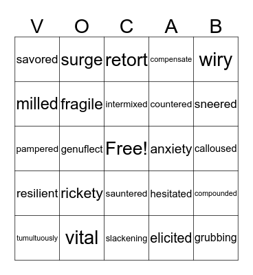 Challenges Vocabulary Review Bingo Card