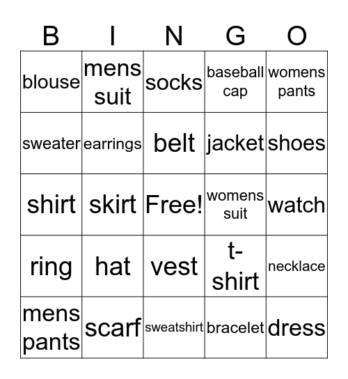 Clothes Bingo Card