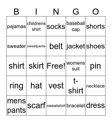 Clothes Bingo Card