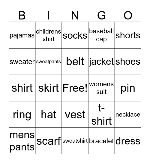 Clothes Bingo Card