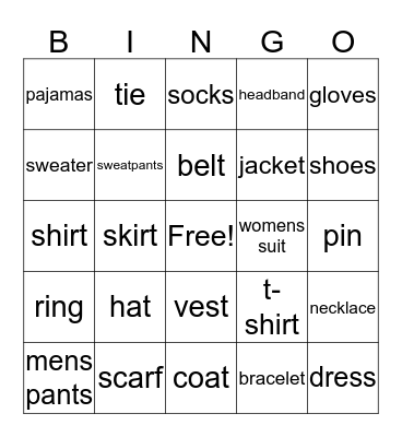 Clothes Bingo Card