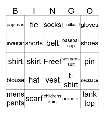 Clothes Bingo Card