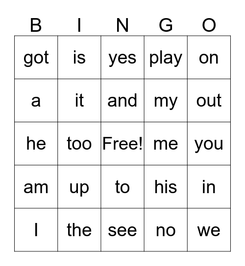 LLI Sight Word Bingo Card