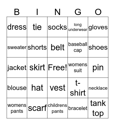 Clothes Bingo Card