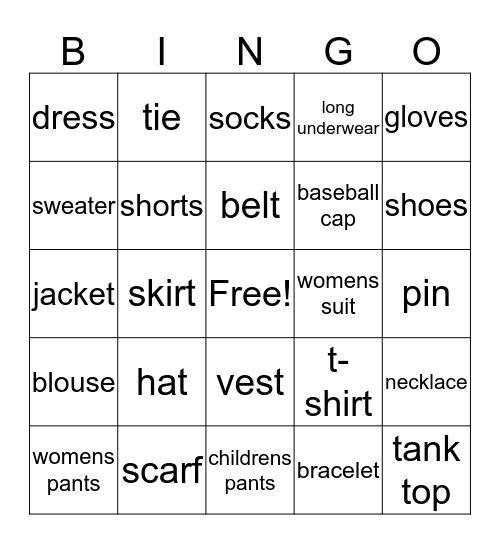 Clothes Bingo Card