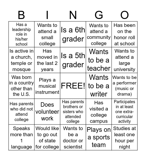 Kids2College Bingo Card