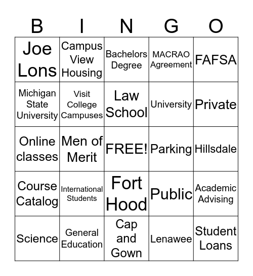 College BINGO! Bingo Card