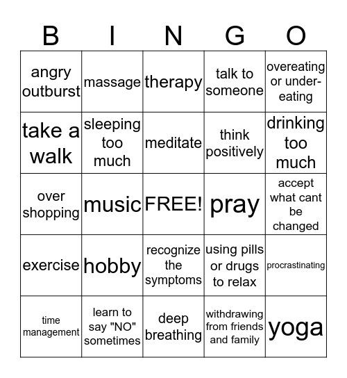 Stress Management Bingo Card