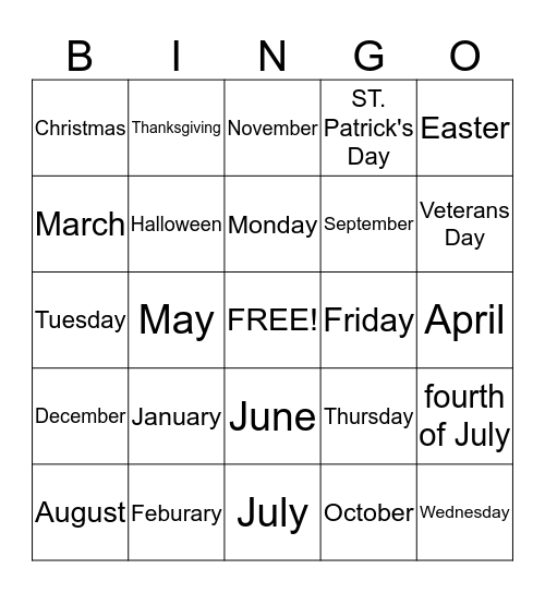 months, week days, holidays BINGO Card