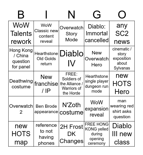 Blizzcon 2019 Bingo Card