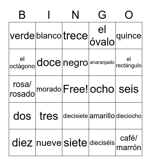 Colors/Numbers/Shapes Bingo Card
