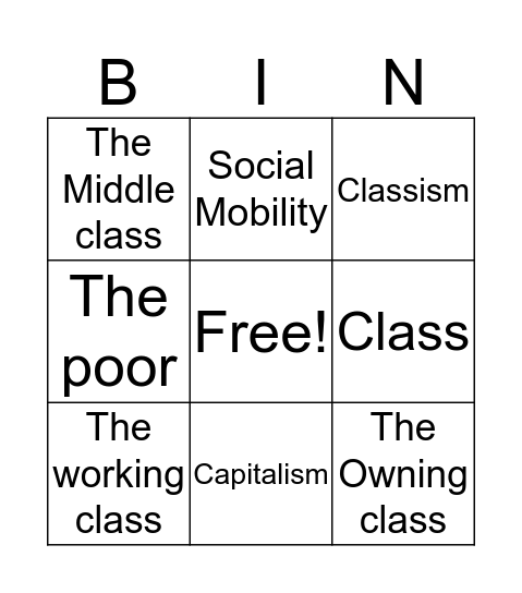 Classism Bingo Card