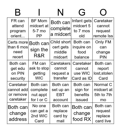 Family Representative vs Caretaker  Bingo Card