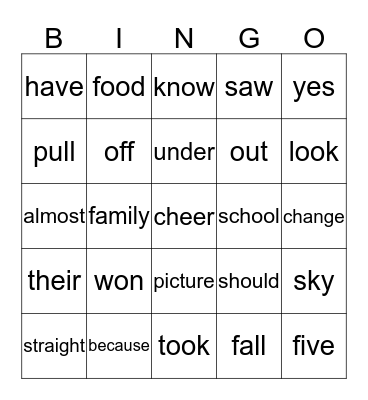 Sight Words Bingo Card