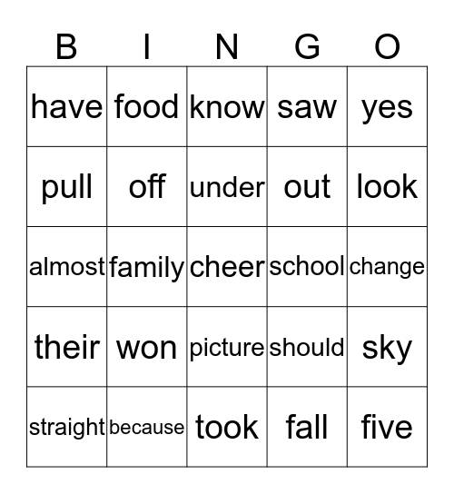 Sight Words Bingo Card