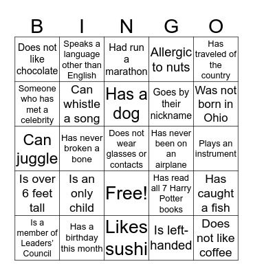 Networking Dinner BINGO Card