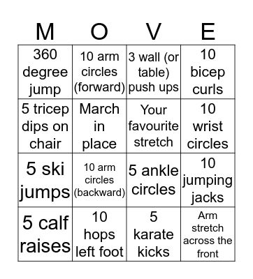 Physical Activity Bingo CPS Bingo Card
