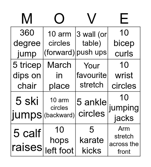 Physical Activity Bingo CPS Bingo Card