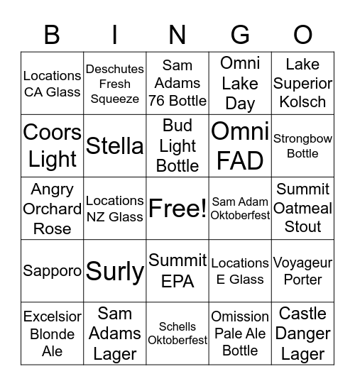 Beer Bingo Card