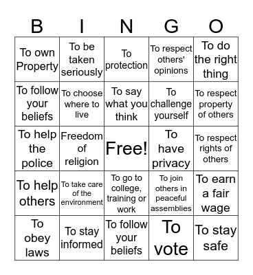 Rights and Responsibilities Bingo Card