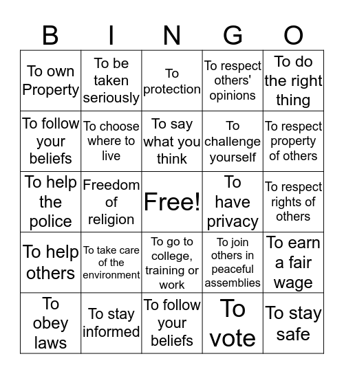 Rights and Responsibilities Bingo Card