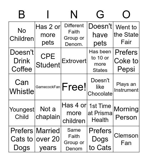 Community Spiritual Connections Bingo Card