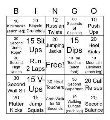 Fitness Bingo Card