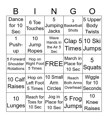 Fitness Bingo Card