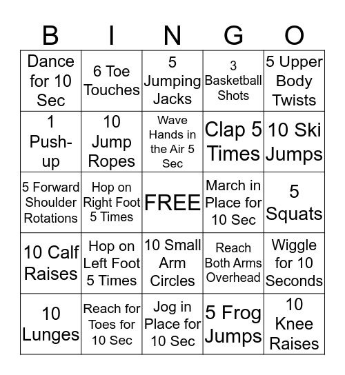 Fitness Bingo Card