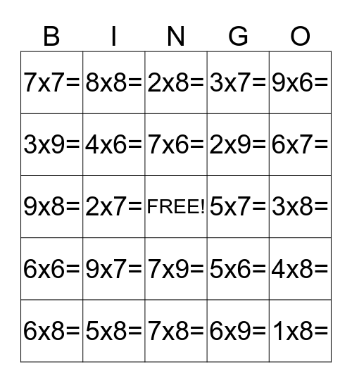 Multiplication Facts 6-9 Bingo Card