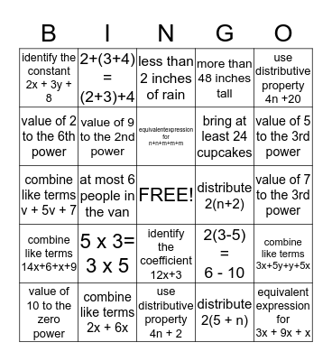 Algebra Bingo #2 Bingo Card