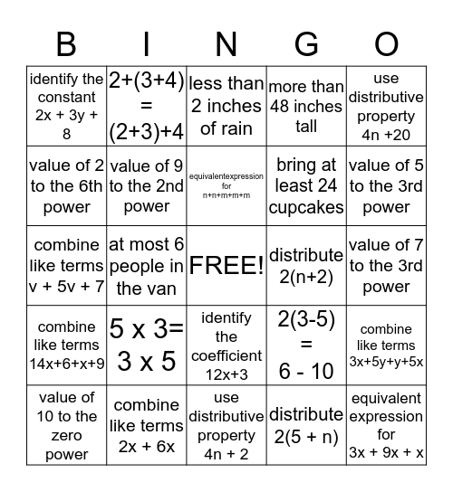 Algebra Bingo #2 Bingo Card