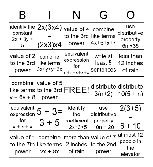 Algebra Bingo Card